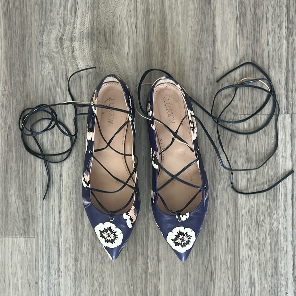 J Crew lace-up floral ballet flats